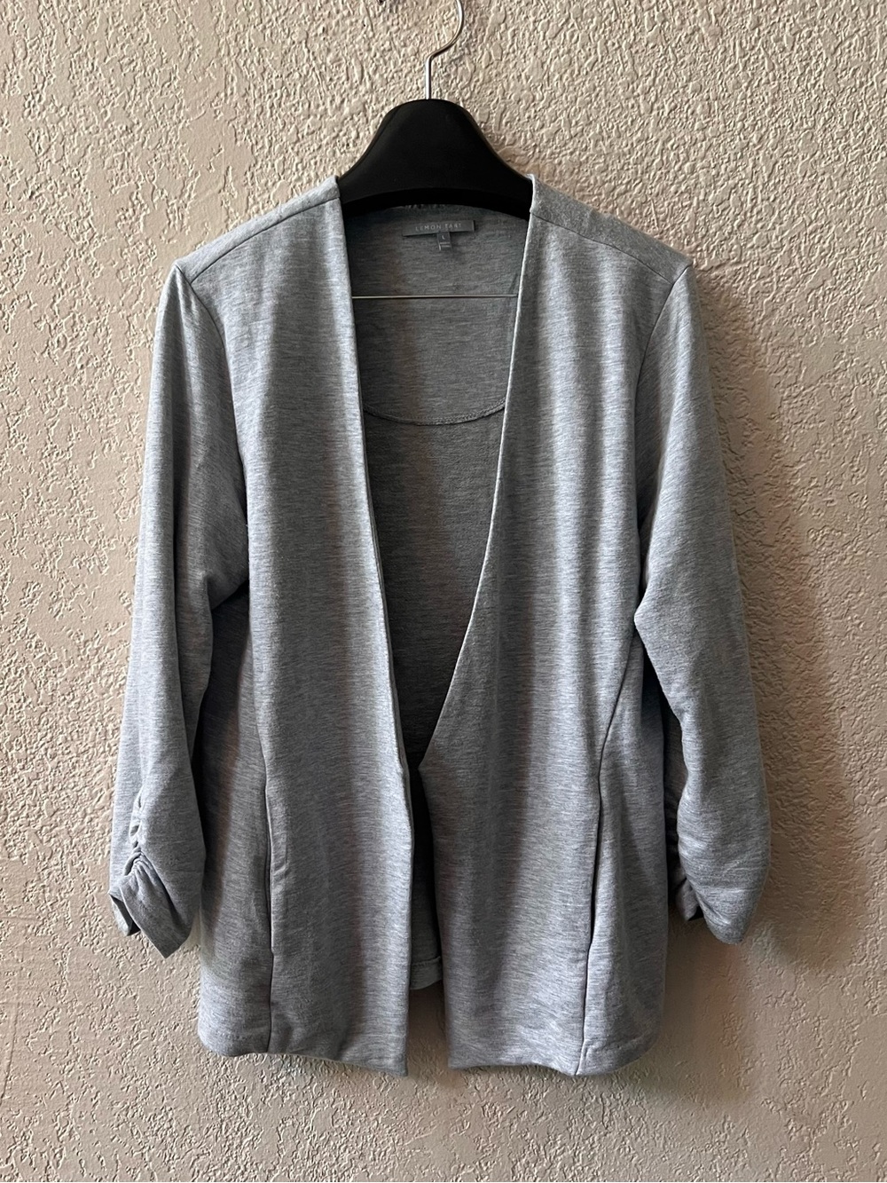 Lemon Tart Open-Front Heather
Grey Knit Blazer / Cardigan Ruched 3/4 Sleeve L